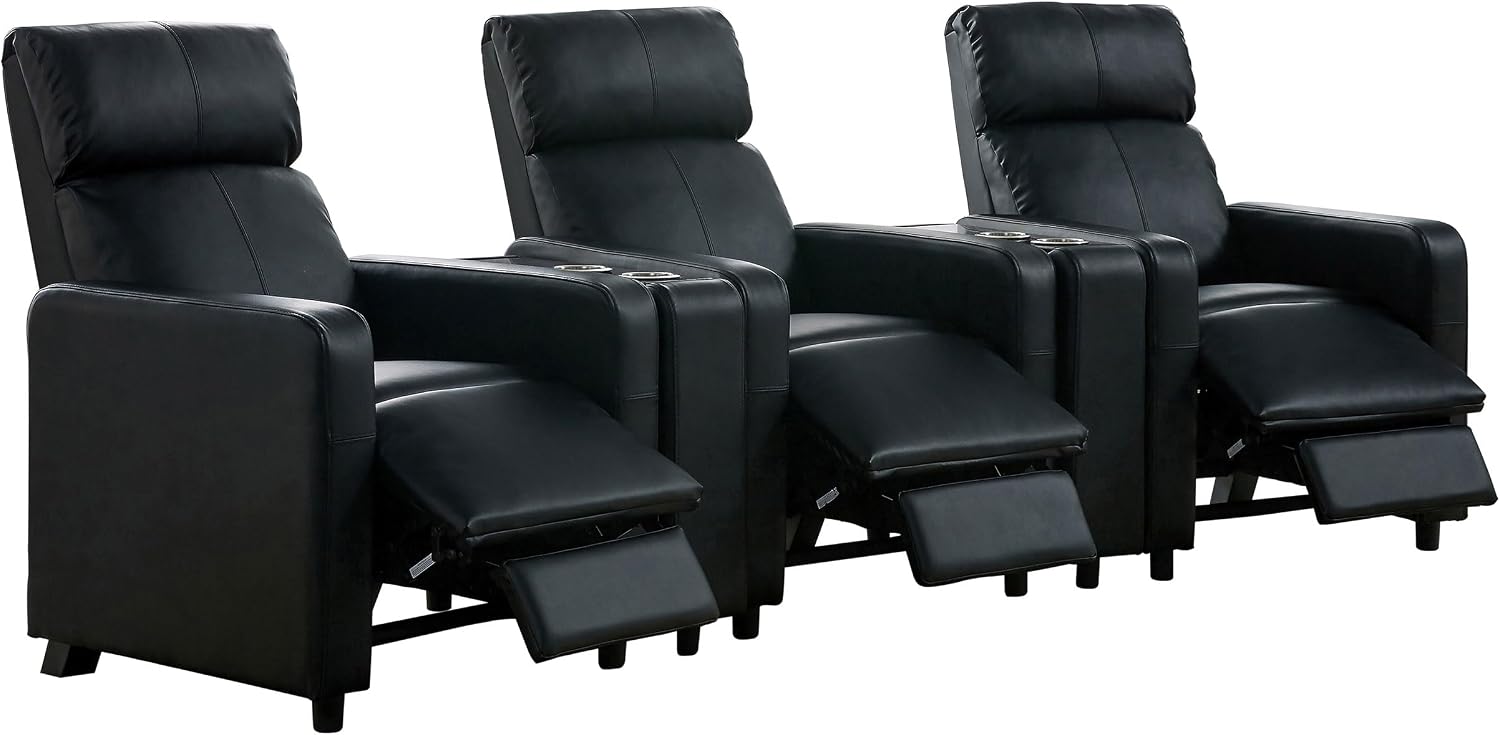 Coaster Home Furnishings - Toohey - Faux Leather - 5-piece Theater Seating with Consoles and Recliners with Tufted Backrests and Slim Track Armrests - Living Room, Home Theater - Black - 600181-S3A