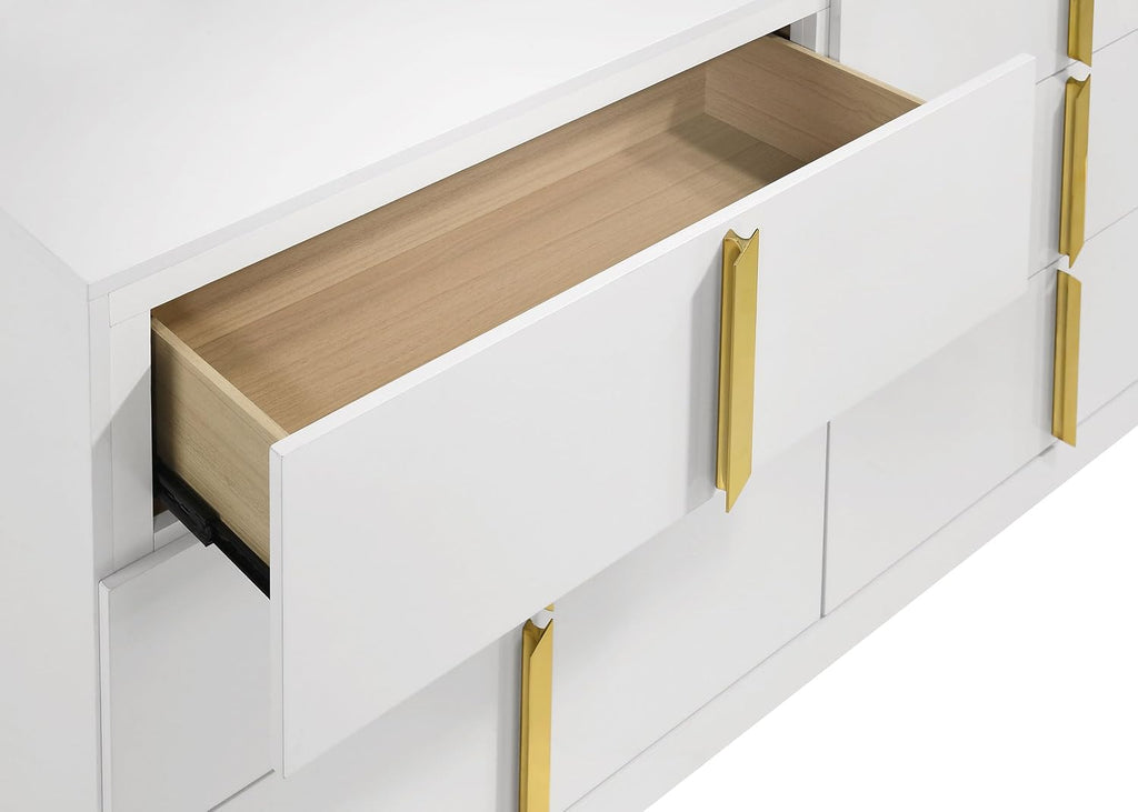 Coaster Home Furnishings - INES - Wood - 6-Drawer Dresser with Scratch-Resistant, Gold Pulls and Contemporary Style - Bedroom - White High Gloss - 223093