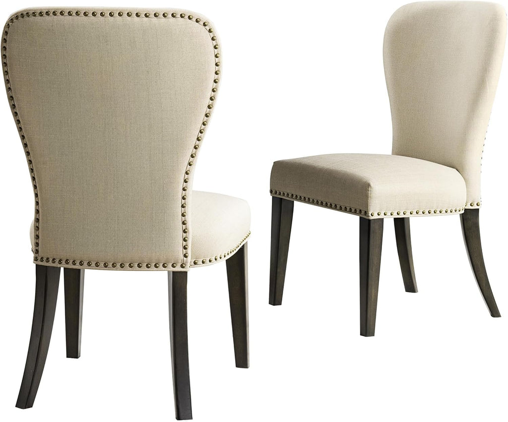 Savoy Upholstered Dining Chairs – Set of 2 Parsons Style Accent Chairs with Cream Linen Fabric, Nailhead Trim, and Dark Stained Legs – for Dining Room, Desk, or Sitting Area by Alaterre Furniture