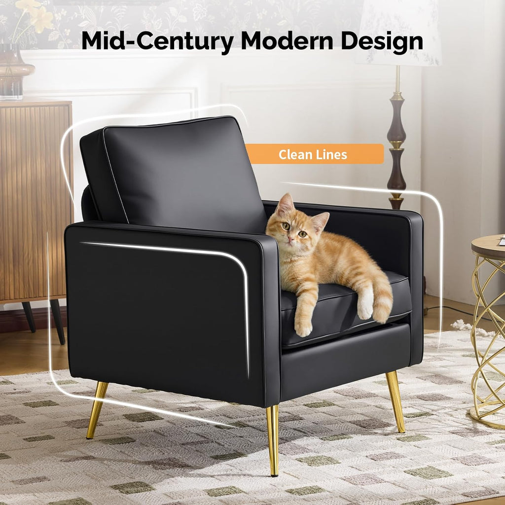 VINGLI PU Leather Accent Chairs Set of 2, Mid-Century Modern Living Room Chairs with Removable Cushions, Gold Legs, Upholstered Sofa Armchair for Bedroom, Office, Apartment, Play Room