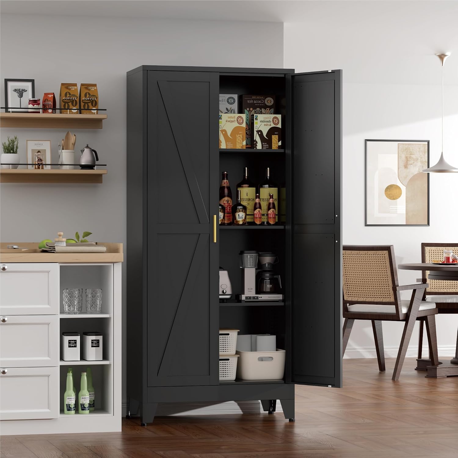 Farmhouse Pantry Cabinet with Barn Doors,61' H x 27.5' W,Metal Cabinet with Adjustable Shelves,4-Tier Storage Cabinet for Kitchen Dining Room Garage Office,Black 1 Pack