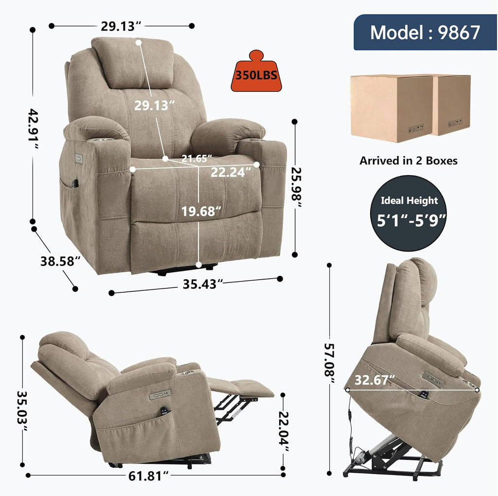 KEIKI Large Dual Motor Power Lift Recliner Chair for Adults, Polyester Rocking Chair with Back Massager and Heated, USB and Type-C Ports, Cup Holders, Comfy Reading Sofa Chair for Living Room, Khaki