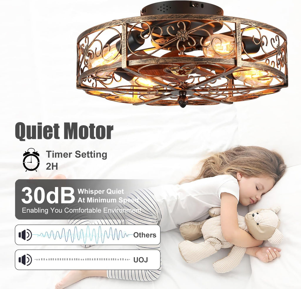 20'' Caged Ceiling Fan with Lights and Remote Control,Small Farmhouse Bladeless Low Profile Ceiling Fans Lights,Vintage Flush Mount Ceiling Light,Reversible Motor 6 Speeds for Bedroom,Living Room