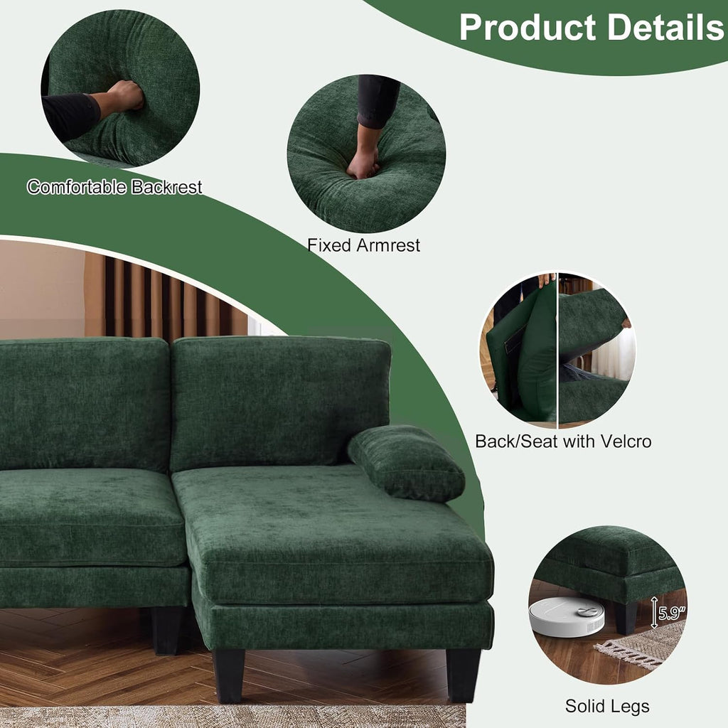 Karl home U-Shape Sectional Sofa Couch 111' Modern 4-Seat Sofa with Chaises Chenille Fabric Upholstered Covertible Couch with Wood Grain Legs for Living Room, Reception Room, Apartment, Green