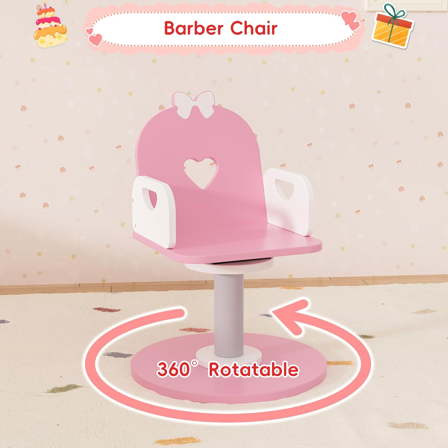 Wooden Kids Vanity Table and Chair Set with Light and Mirror, Princess Makeup Vanity Desk with Barber Chair and Rolling Cart, Pretend Hair Salon Play Set, Toddler Vanity Set for Girls, Pink
