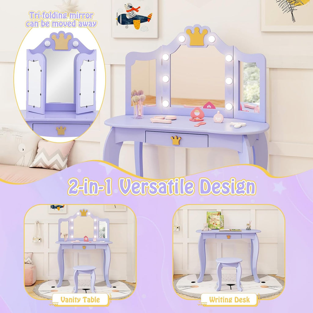 HONEY JOY Kids Vanity with Lights, Crown Girls Vanity Set with Mirror and Stool and Lights, Toddler Vanity, Wooden Makeup Table for Little Girls, Pretend Play Kids Vanity Table and Chair Set(Violet)