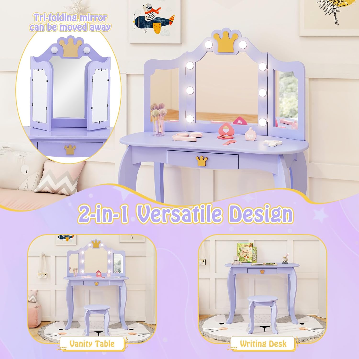 HONEY JOY Kids Vanity with Lights, Crown Girls Vanity Set with Mirror and Stool and Lights, Toddler Vanity, Wooden Makeup Table for Little Girls, Pretend Play Kids Vanity Table and Chair Set(Violet)