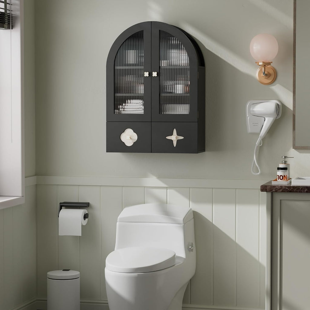BREEZEHEAT Arched Bathroom Wall Cabinet, Medicine Cabinet Over Toilet Storage w/Fluted Glass Doors & Adjustable Shelf, Wood Hanging Cupboard for Laundry Room, Entryway, Kitchen, Black, 23.6x33.5 Inch