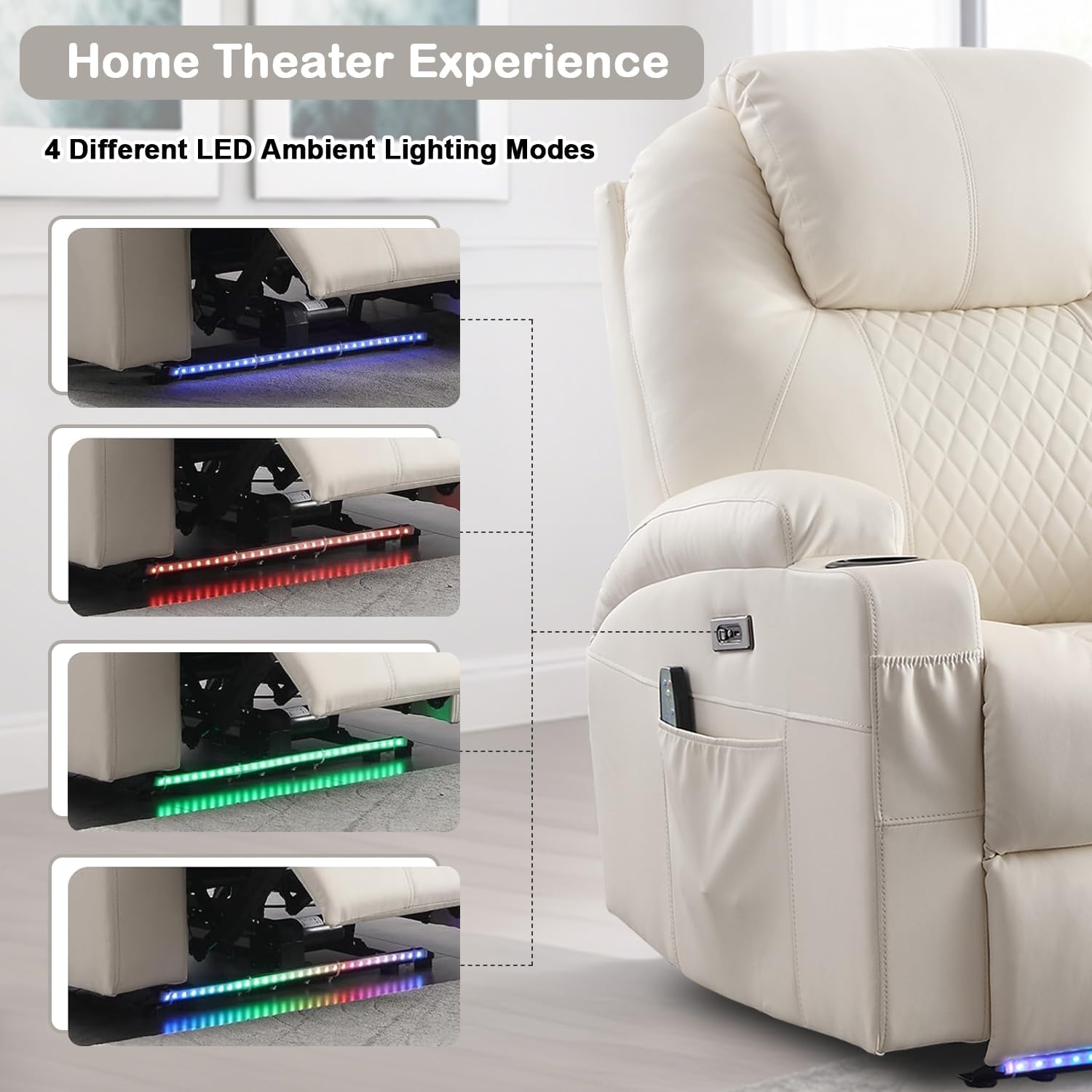 Power Recliner Chair with Heat and Massage for Adults - Home Theater Seating with LED Lights,Cup Holders,Side Pocket,USB Port - Recliner Sofa for Living Room (Beige, Set of 2)