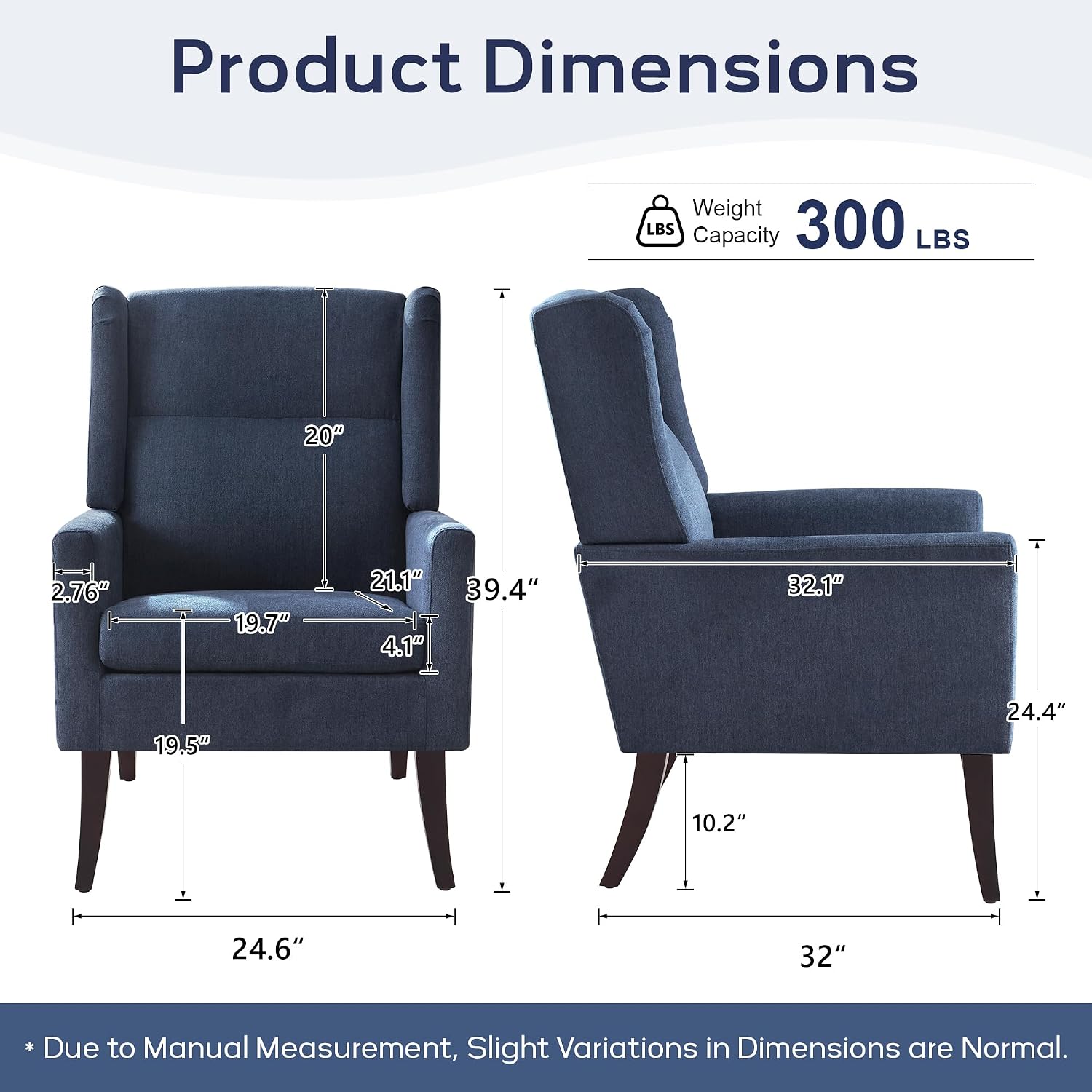 Zihanhome High Back Accent Chair, Fabric Living Room Chairs, Modern Comfy Chair with Wooden Legs,Upholstered Armchair for Living Room,Bedroom,Apartment,Reading Spaces.(1,Blue)