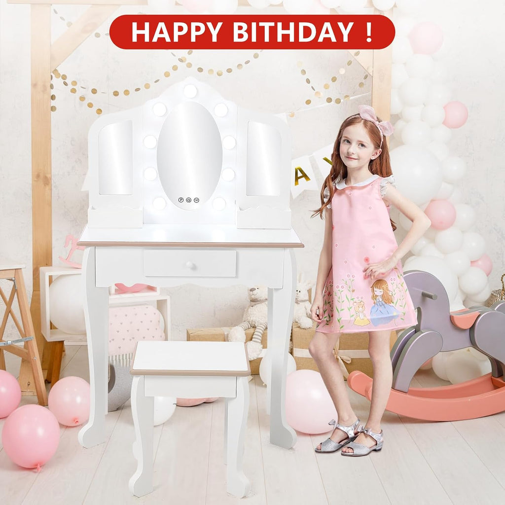 Garveehome Kids Vanity Table and Chair Set with Light, Girls Vanity with Mirror, Drawer and Pretend Playset, Wooden Princess Makeup Desk Dressing Table, Toddler Vanity (Batteries Not Included)