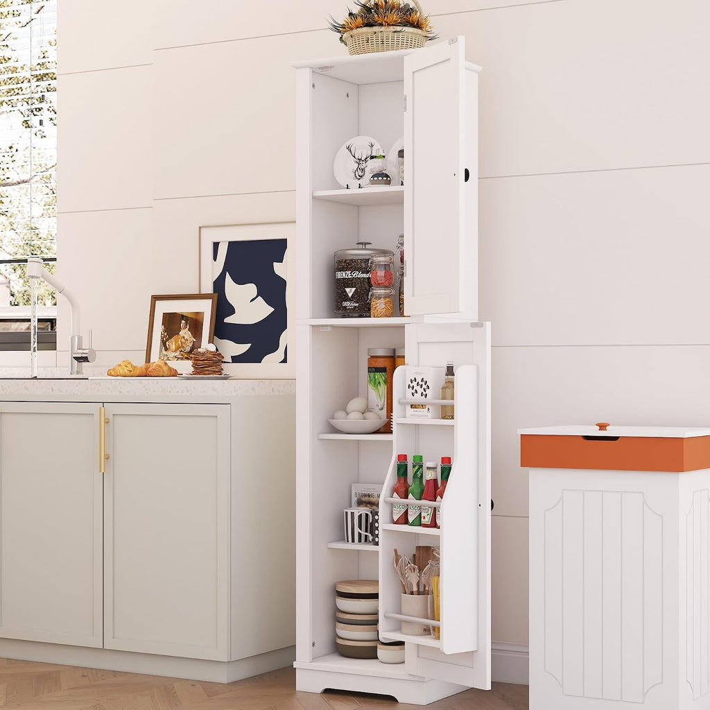 Function Home Tall Storage Cabinet, 64' Narrow Bathroom Cabinets, Freestanding Kitchen Pantry with Door Storage Shelves, Wooden Slim Floor Cabinets for Kitchen Dining Living Room, White