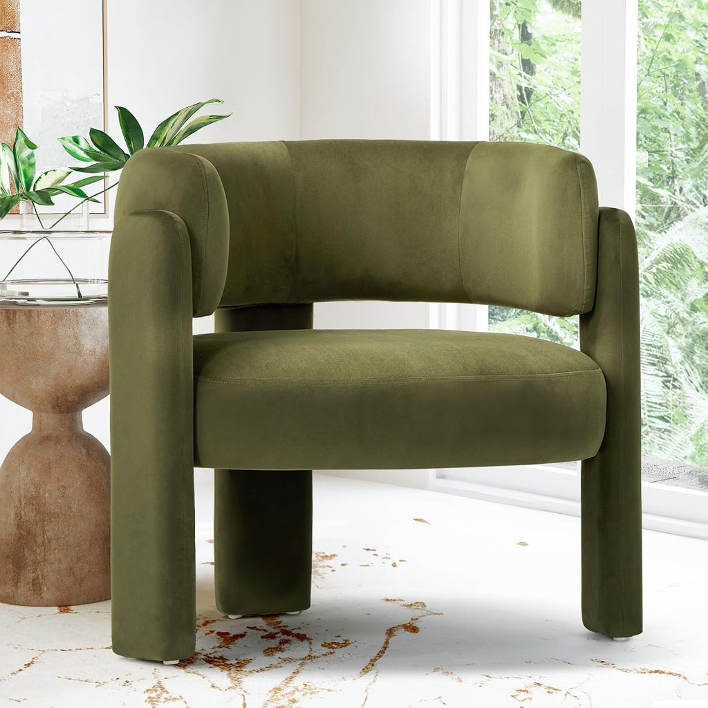 COLAMY Modern Velvet Accent Chair, Upholstered Barrel Chair, Comfy Side Arm Chair with 3 Legs for Living Room, Bedroom, Reading, Green