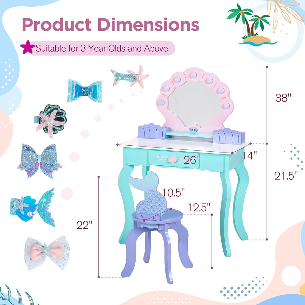 Vanity Set with Lights & Mirror, 2 in 1 Wooden Princess Dressing Table with Stool, Ocean Theme Makeup Table and Chair Set, Little Girls Pretend Play Set, Kids Vanity for Birthday