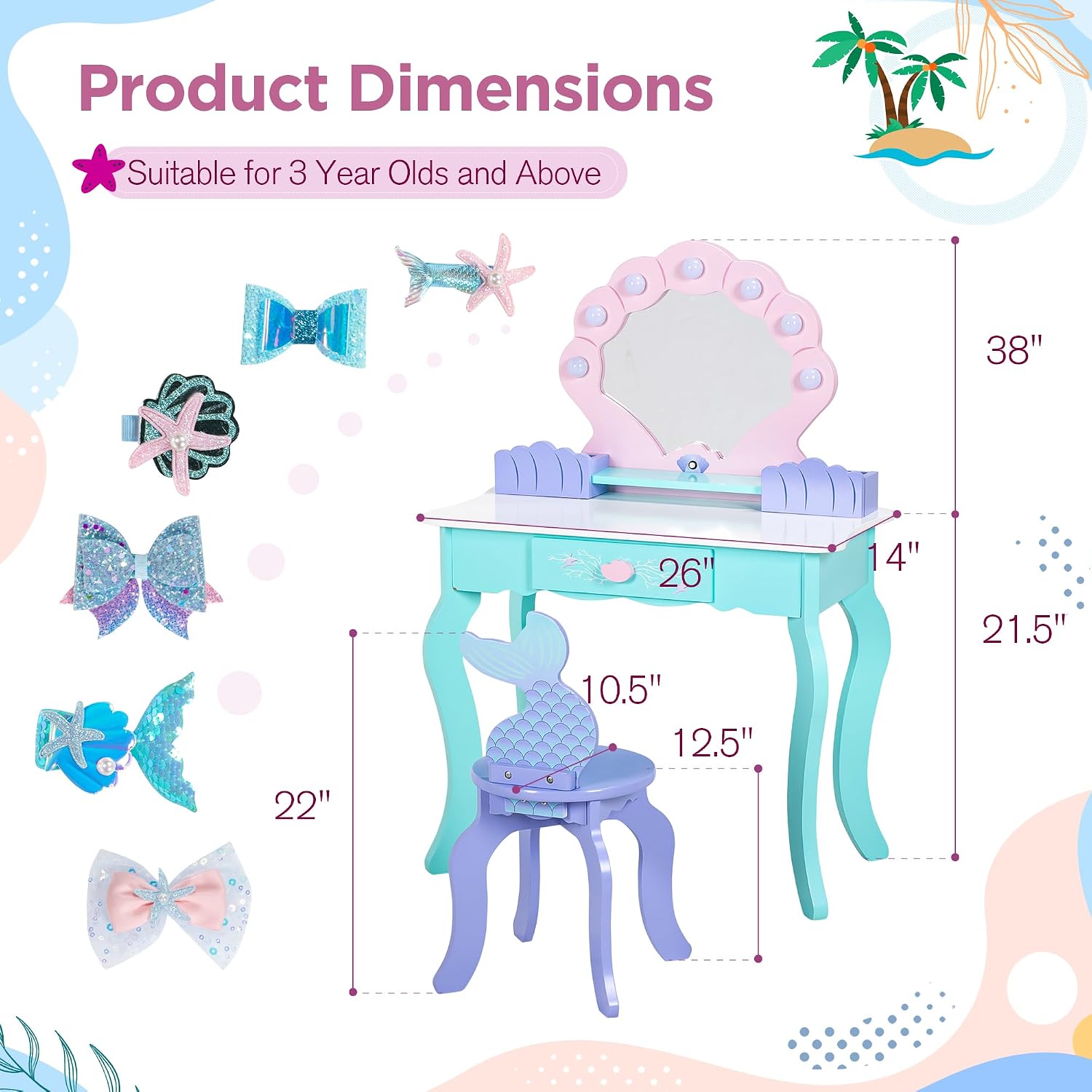 Vanity Set with Lights & Mirror, 2 in 1 Wooden Princess Dressing Table with Stool, Ocean Theme Makeup Table and Chair Set, Little Girls Pretend Play Set, Kids Vanity for Birthday