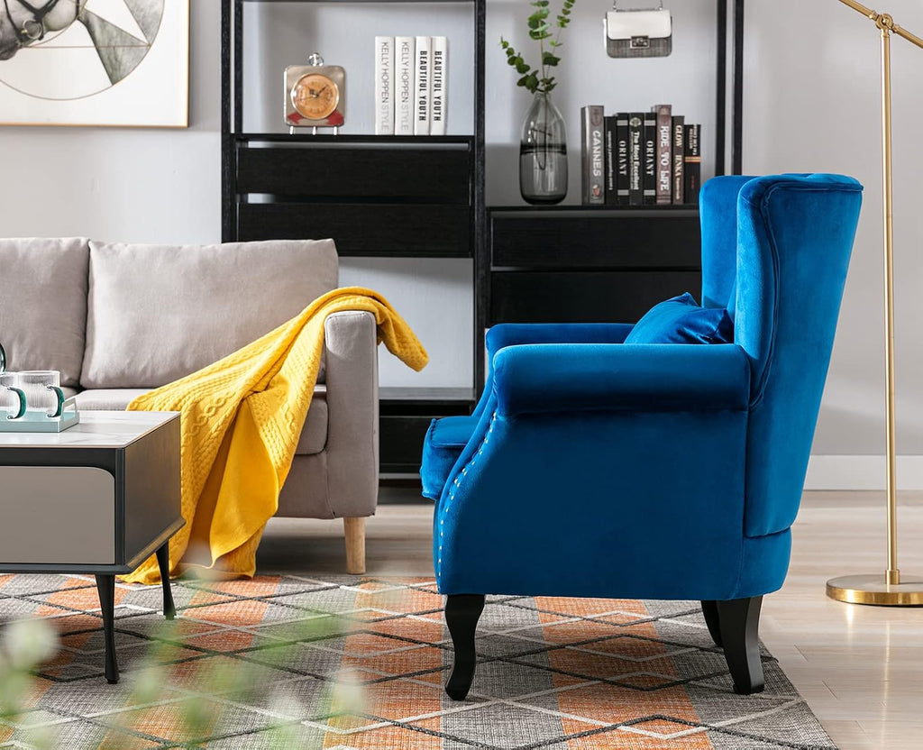 Kmax Blue Accent Chair Velvet Wingback Chair with Pillow Nail-Head Channel Tufted Oversized Club Chair for Living Room Bedroom Guest Room