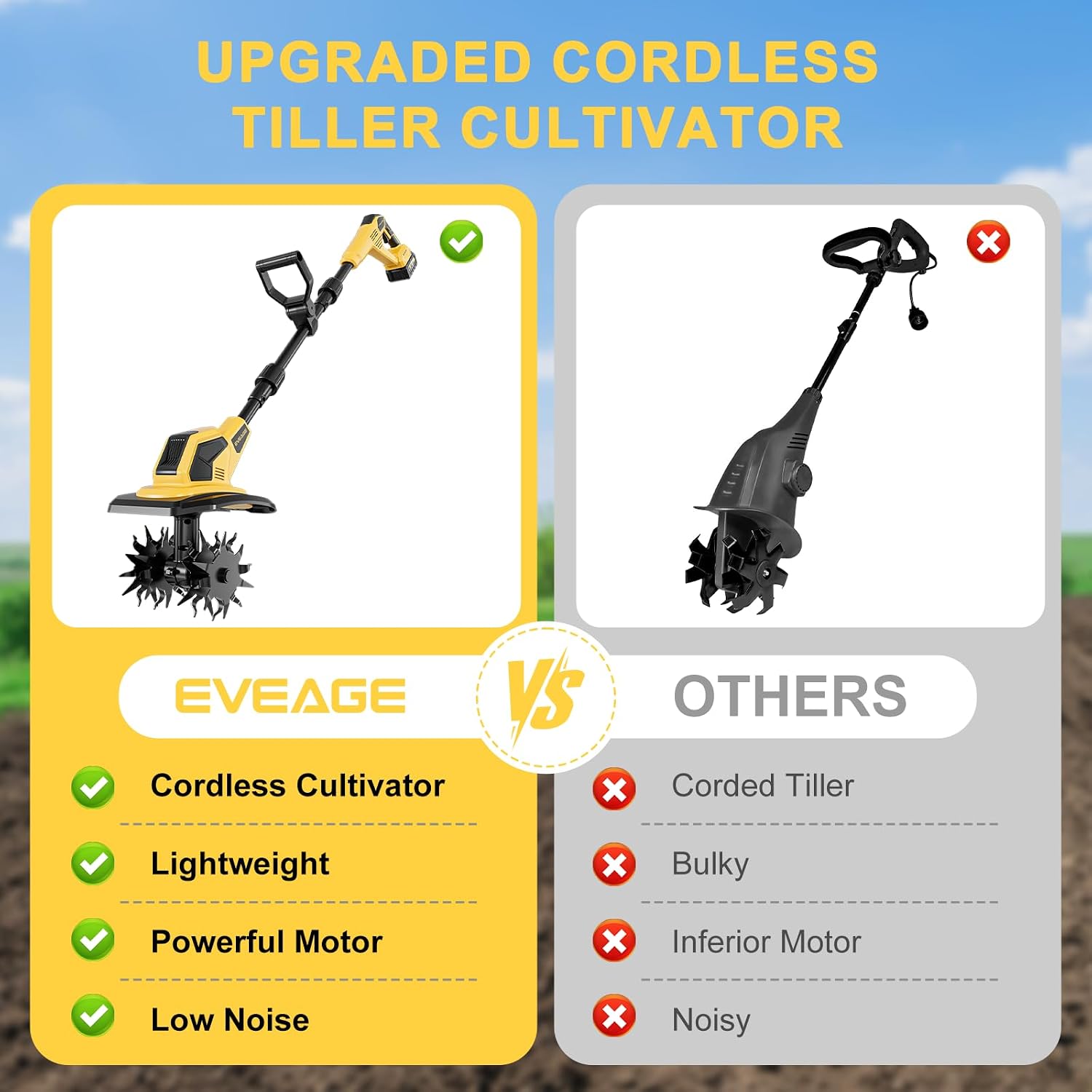 21V Cordless Tiller Cultivator, 2x4.0Ah Battery Powered Electric Garden Tiller, 360RPM Rototiller with 48 Steel Tines, 9.7' Width & 7' Depth, Lightweight Soil Tiller for Gardening