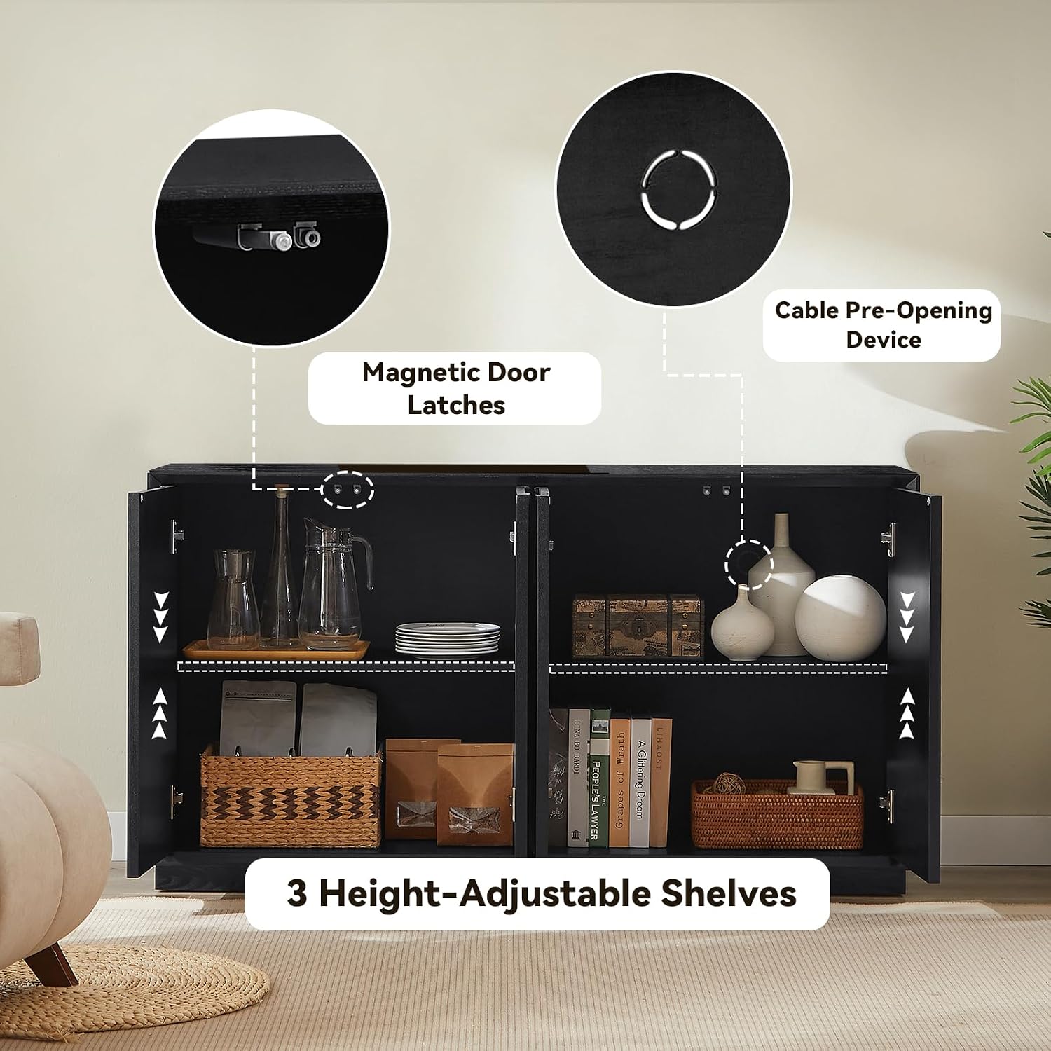 LKTART 59' Sideboard Buffet Cabinet Retro Accent Storage Cabinet with Magnetic Door Latches Adjustable Shelf for Living Room Kitchen(Black)