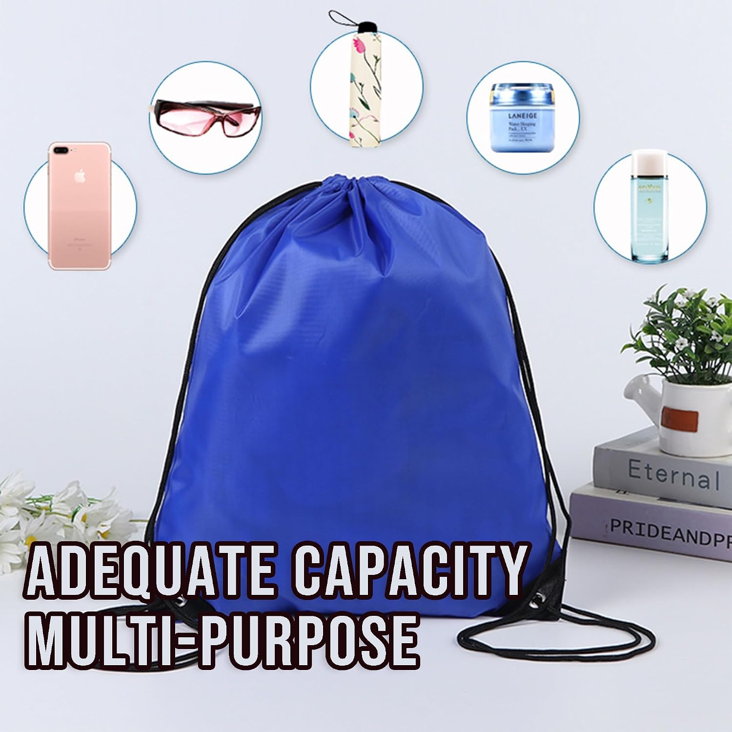 Custom Drawstring Bags Set of 50, Personalized Bulk Pack with Logo/Text-Suitable for Travelling Gym Camping Hiking-Process Blue
