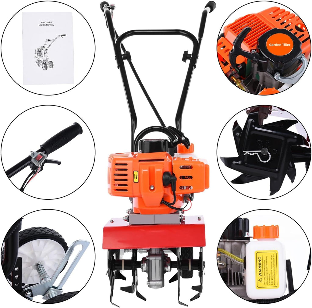 Garden Tiller,Gas Powered Rototiller 52cc 2 Stroke Tiller Cultivator Petrol Mini Mantis Tiller 7.8-Inch Width 6-Inch Depth Lawn Tools with 1.2L Fuel Tank for Soil Digging Weed Removal 9000RPM Orange