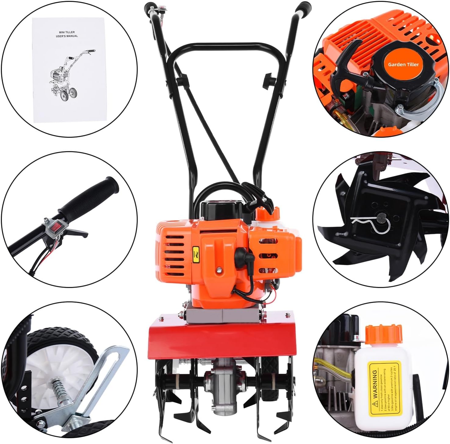 Garden Tiller,Gas Powered Rototiller 52cc 2 Stroke Tiller Cultivator Petrol Mini Mantis Tiller 7.8-Inch Width 6-Inch Depth Lawn Tools with 1.2L Fuel Tank for Soil Digging Weed Removal 9000RPM Orange