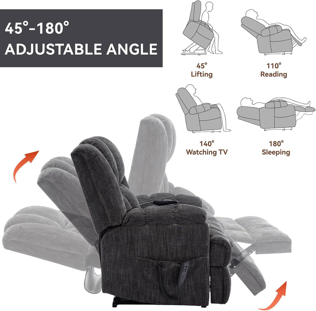 Power Lift Recliner Chair for Elderly, Oversized Chenille Electric Recliners Chairs for Living Room, Dual Motor 180° Lay Flat Recliner Big Sofa with Massage and Heating, Heavy-Duty, Grey
