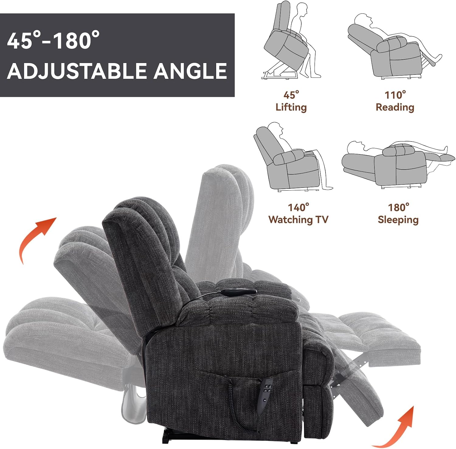 Power Lift Recliner Chair for Elderly, Oversized Chenille Electric Recliners Chairs for Living Room, Dual Motor 180° Lay Flat Recliner Big Sofa with Massage and Heating, Heavy-Duty, Grey