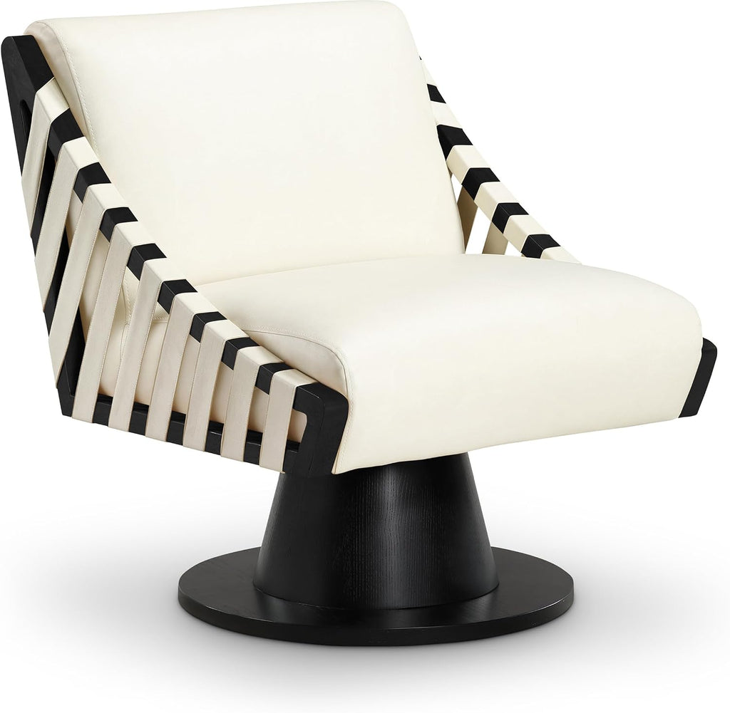 Meridian Furniture 33002Cream Millwin Collection Art Deco Swivel Accent Chair with Rich Cream Vegan Leather, Black Finish, Solid Wood Frame and Base, 28' W x 30' D x 32.5' H, Cream