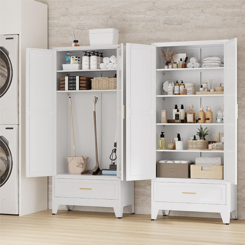 71' Tall Kitchen Pantry Cabinet,Farmhouse Pantry Cabinet,Metal Cabinet with Adjustable Shelves and Drawer,Storage Cabinet for Kitchen Dining Room Garage,White 1 Pack