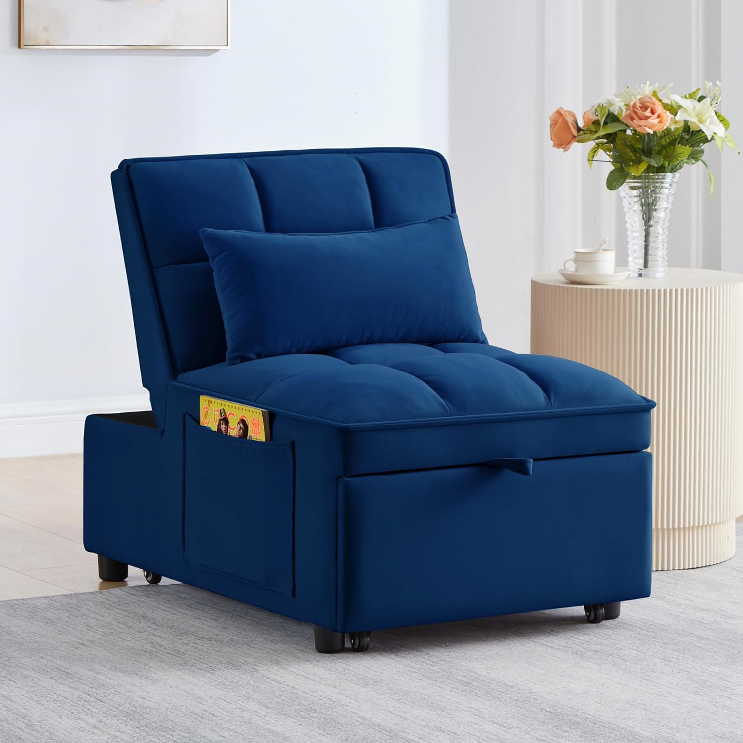 3 in 1 Convertible Sleeper Sofa Chair, Velvet Tufted Single Pull Out Couch Bed with Adjustable Backrest and Pillow, Multi-Function Chaise Lounge with Pockets, for Livingroom, Home Office,Navy