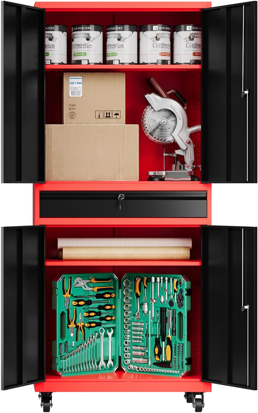 Fesbos 73' Metal Cabinet-Black & Red Heavy Duty Rolling Storage Cabinet Steel Tool Cabinets with Wheels, Shelves, Lockable Doors and Drawers- for Garage, Warehouse Home Office- Assembly Required