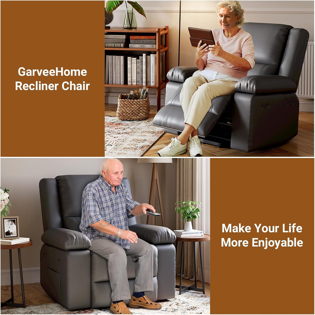 Power Lift Recliner Chair - Electric Recliner with Massage & Heat, PU Leather Living Room Chair, Remote Control & Side Pocket for Elderly Adults, Grey