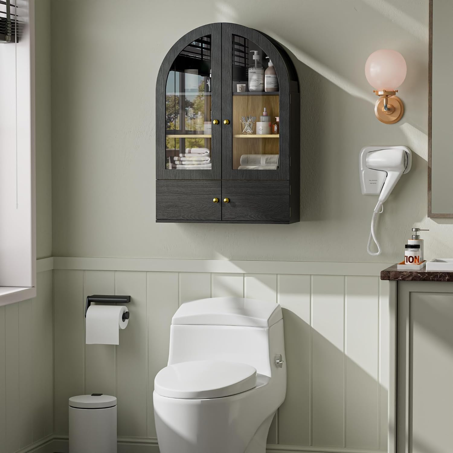 BREEZEHEAT Arched Bathroom Wall Cabinet, Floating Medicine Cabinet Over Toilet Storage w/Glass Doors, Adjustable Shelf, Wood Hanging Cupboard for Laundry Room/Kitchen/Hallway, Black, 23.6x33.5 Inch