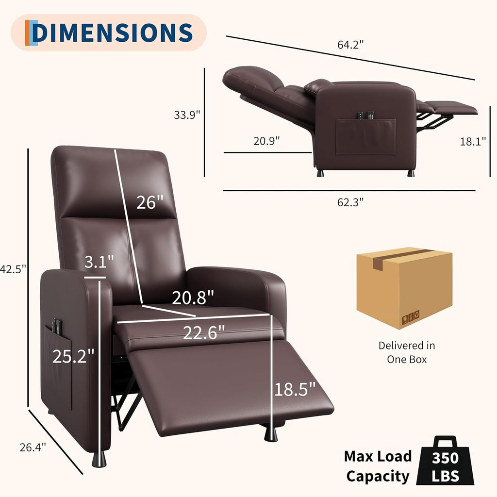 Electric Power Recliner Chair, Tall Back PU Leather Sofa, Ergonomic Padded Seat, Lumbar Support, 2 Side Pockets, USB, 370 lbs—Recliner for Living Room
