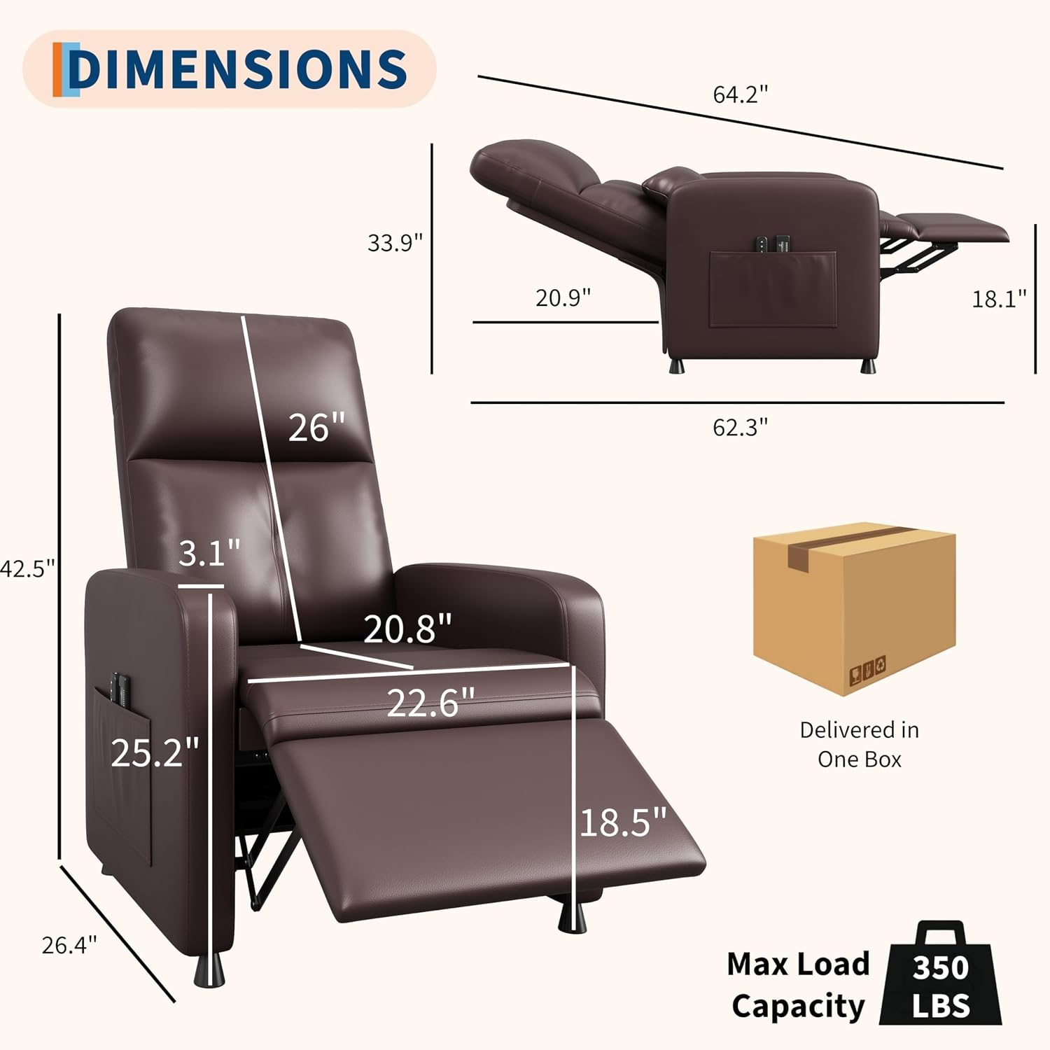 Electric Power Recliner Chair, Tall Back PU Leather Sofa, Ergonomic Padded Seat, Lumbar Support, 2 Side Pockets, USB, 370 lbs—Recliner for Living Room