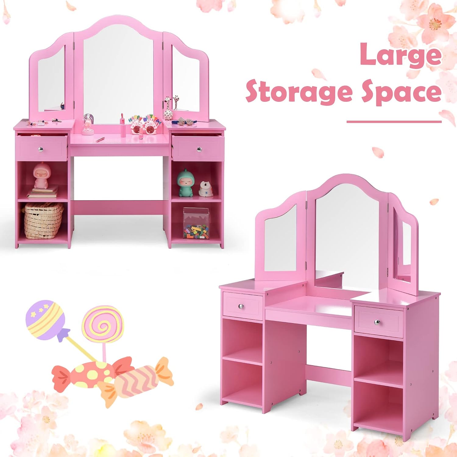 AKUSTIK Kids Vanity, 2 in 1 Wooden Princess Makeup Table and Chair for Toddlers with Tri-Folding Detachable Mirror, Storage Drawers for Little Girls, Pretend Beauty Dressing Desk Play Set Toy Gift