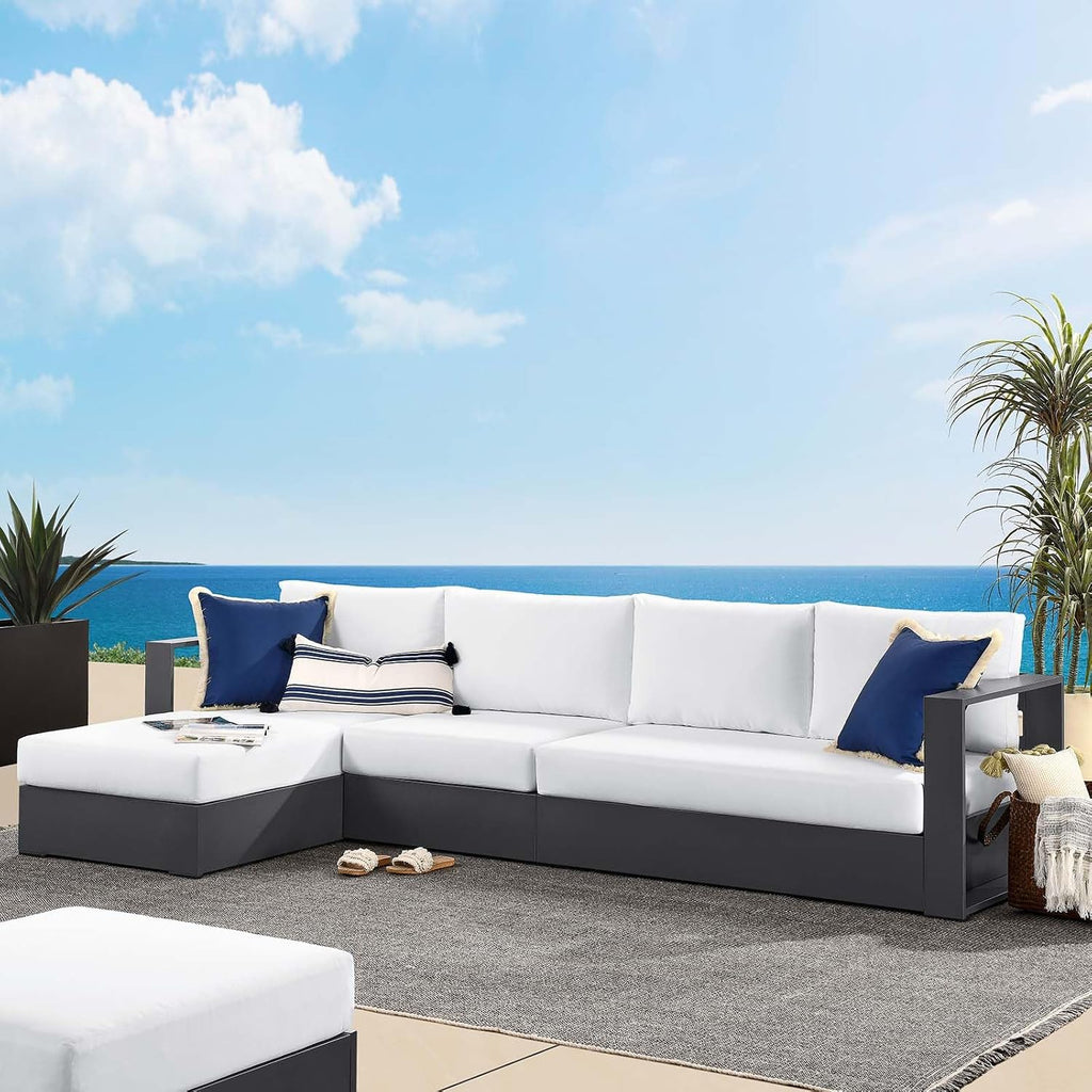 Modway Tahoe Modular Aluminum 3-Piece Outdoor Patio Furniture Gray White, Left-Facing Sectional Sofa Set with Weather-Resistant Cushions, Ideal for Deck, Backyard, Poolside