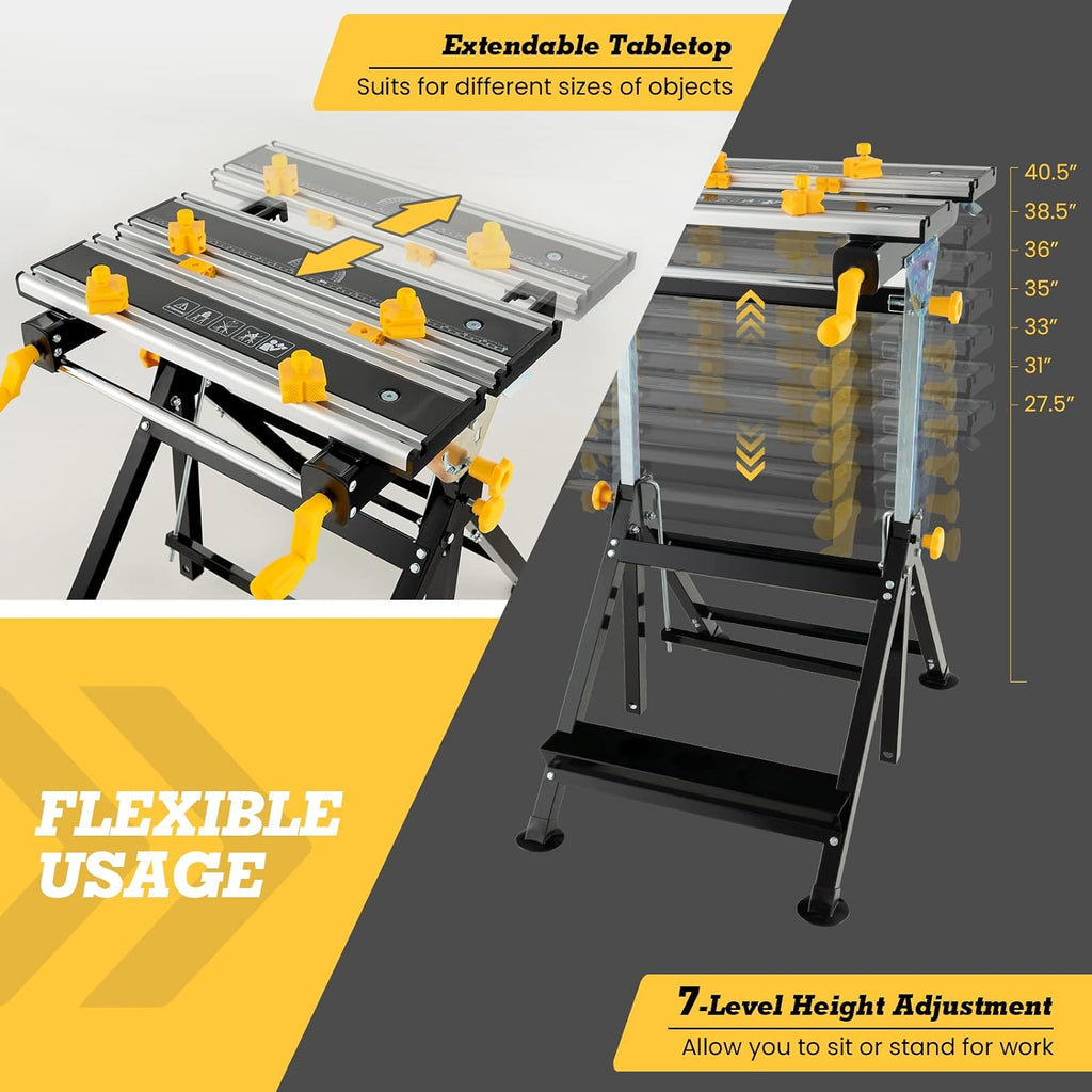 Portable Workbench, Folding Work Bench and Vise with 2 Rotary Handles, 7-Level Adjustable Height, 8 Sliding Clamps, Tiltable & Extendable Tabletop, Workbench Table for Garage, Workshop