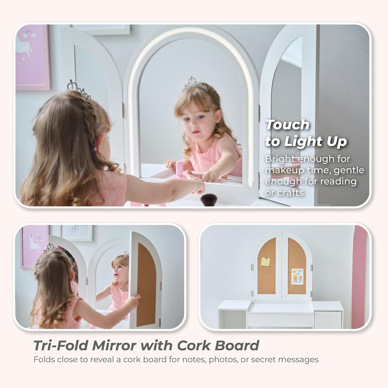 Teamson Kids 2-in-1 White Vanity Desk Set with Mirror & Stool for Girls - Dual Purpose Deluxe Glow Play Makeup Vanity & Desk with LED Lights & Cork Panels for Kids Ages +3