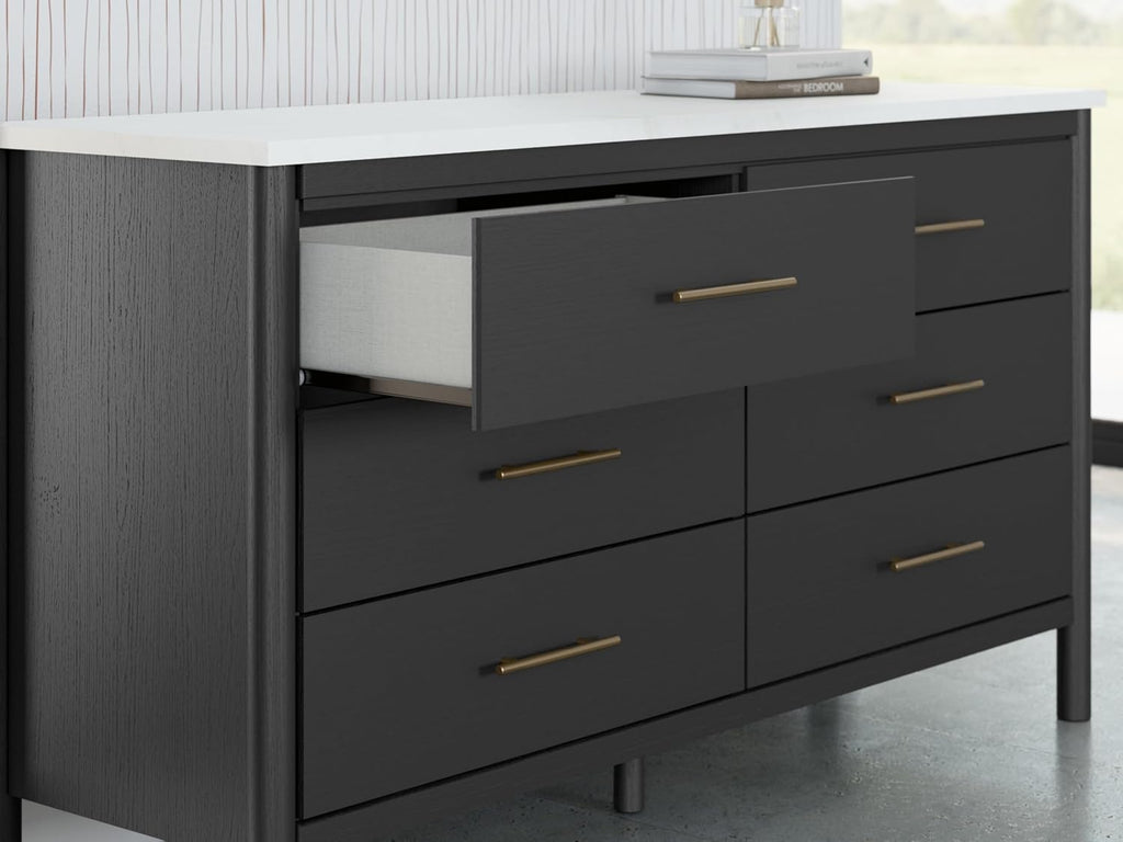 Signature Design by Ashley Cadmori 6 Drawer Dresser, Black Dresser for Bedroom, Matte Black & Replicated White Marble Top, 64' Wide, Engineered Wood Construction, Minor Assembly Required
