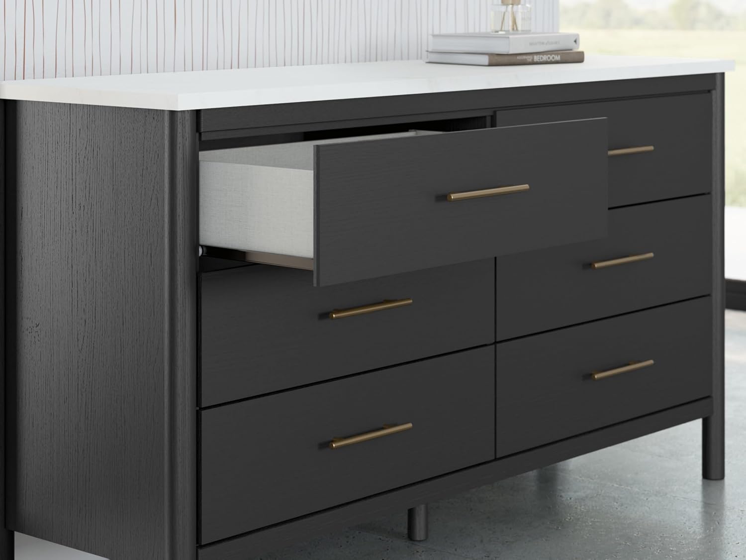 Signature Design by Ashley Cadmori 6 Drawer Dresser, Black Dresser for Bedroom, Matte Black & Replicated White Marble Top, 64' Wide, Engineered Wood Construction, Minor Assembly Required