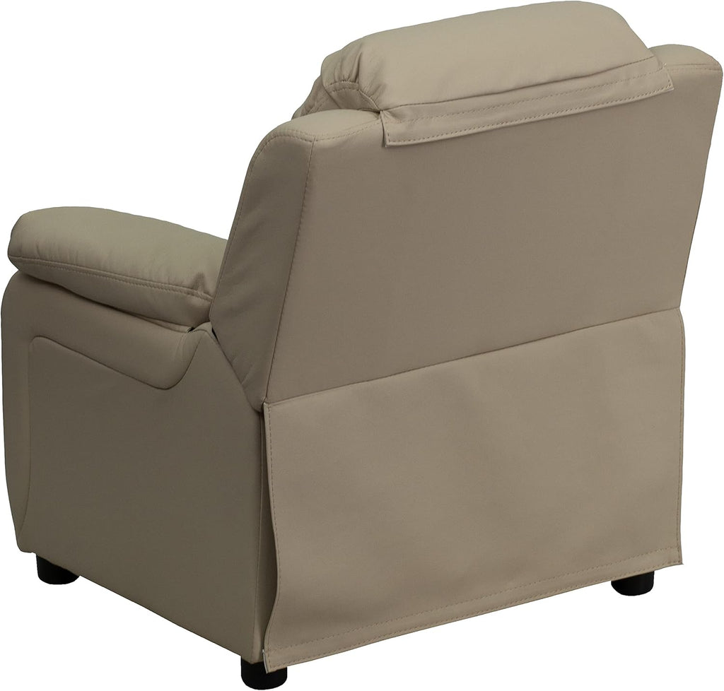 Flash Furniture Charlie Vinyl Kids Recliner with Flip-Up Storage Arms and Safety Recline, Contemporary Reclining Chair for Kids, Supports up to 90 lbs., Beige