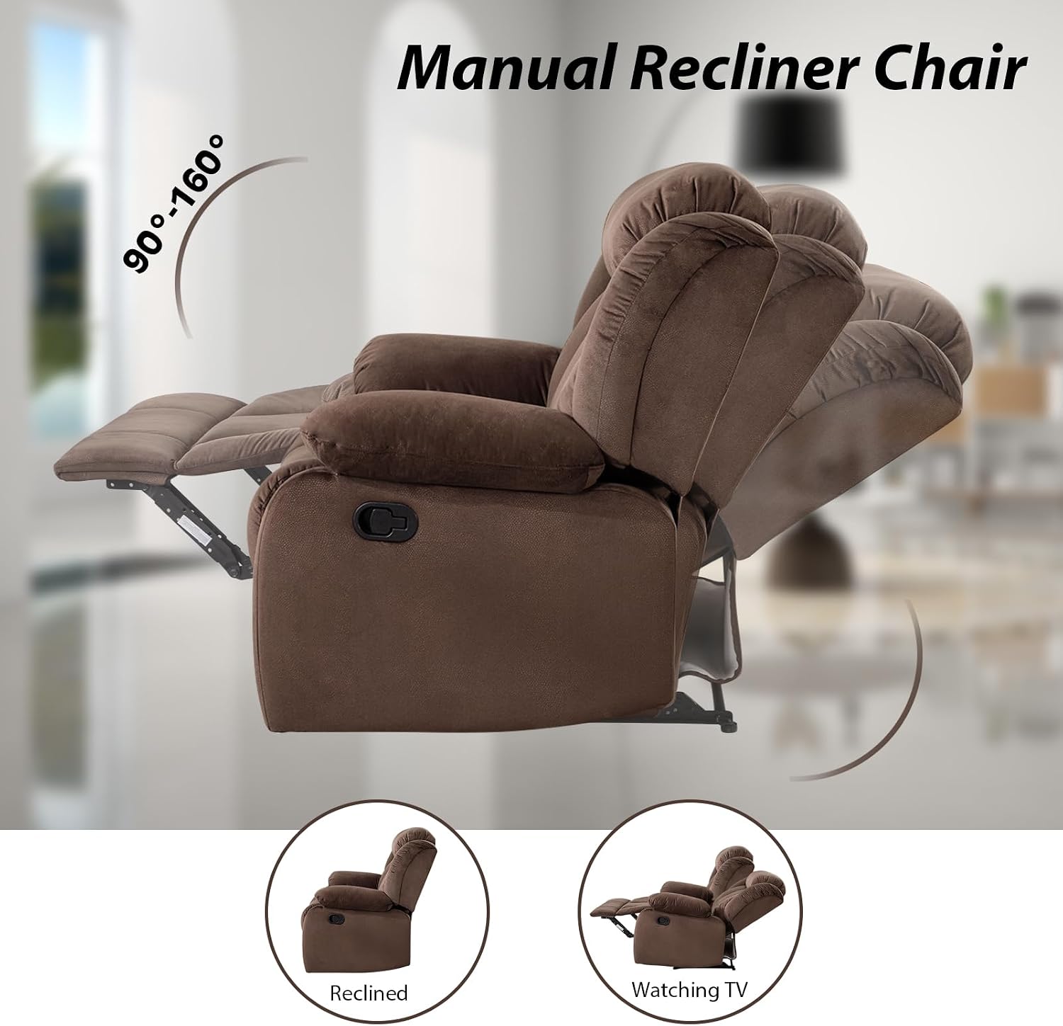 EBELLO Manual Recliner Chair, Classic and Fabric Recliner Sofa with Overstuffed Arms and Back for Living Room, Bedroom, Brown