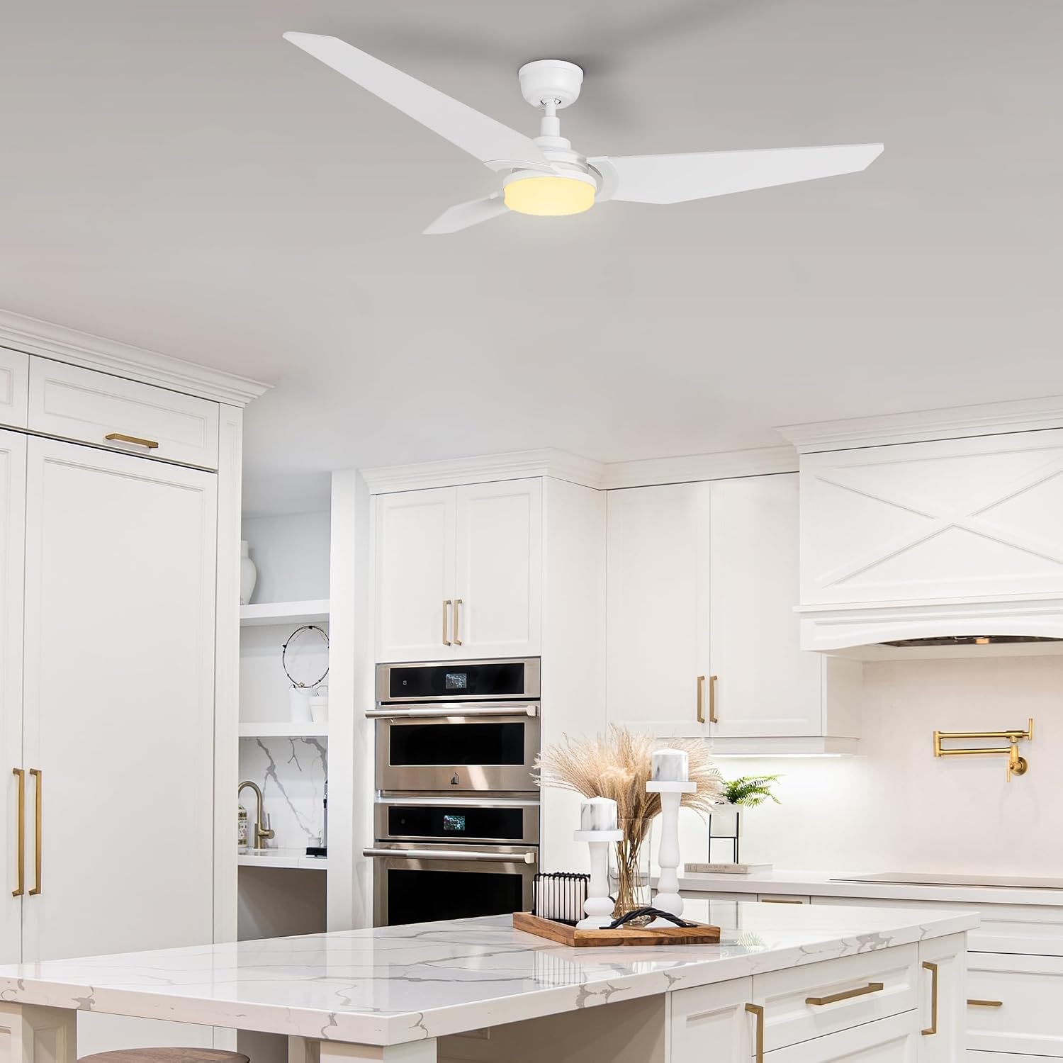 SMAAIR White Ceiling Fan with Light, 56 Inch 3 Blade Low Profile Ceiling Fan with Light and 10 Speed DC Motor, Works with APP/Alexa/Google Assistant/Siri Shortcuts