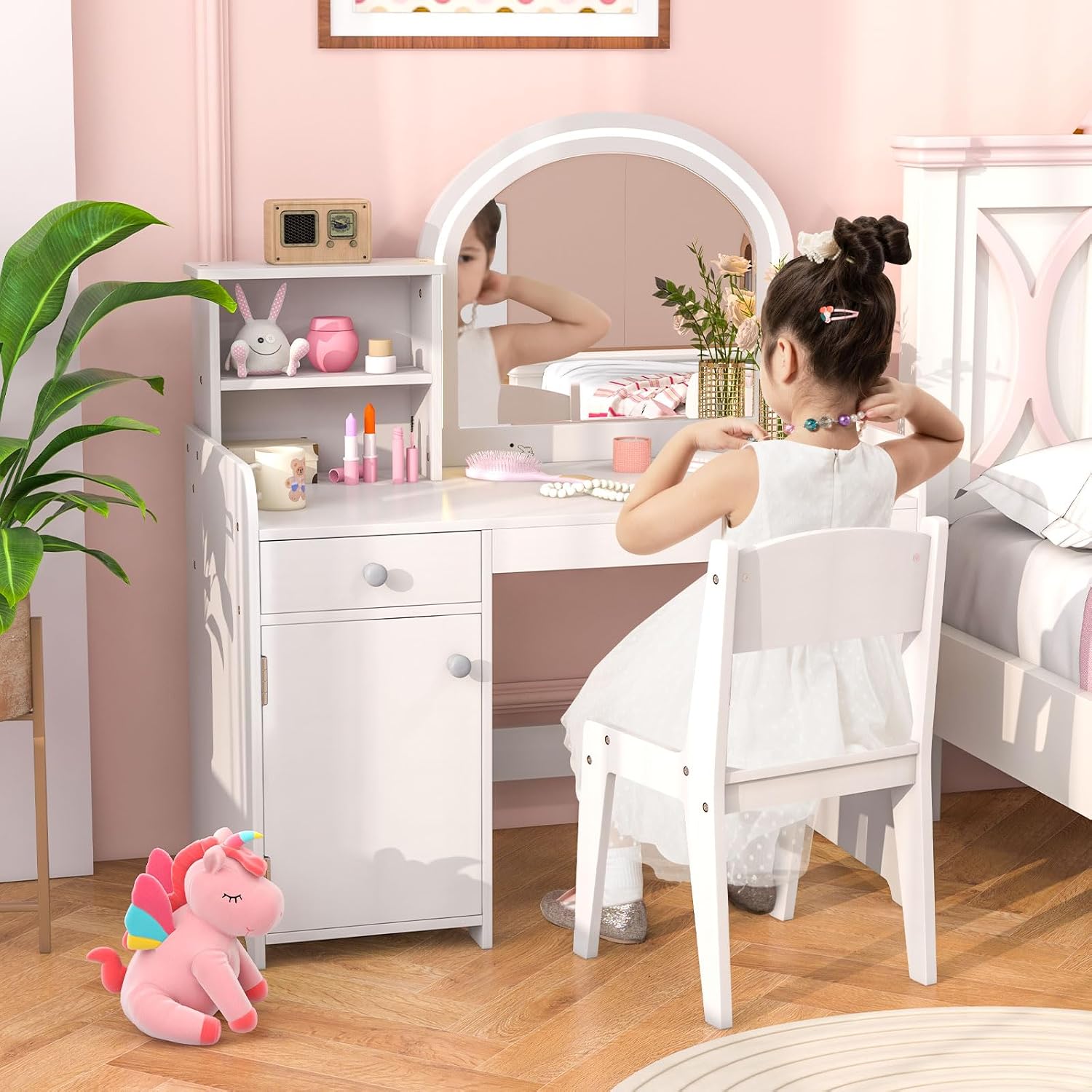 INFANS Kids Vanity, Princess Makeup Desk and Chair Set with Lights Mirror Drawer Storage Shelves, Wooden Dressing Table, Pretend Play Vanity Set for Girls