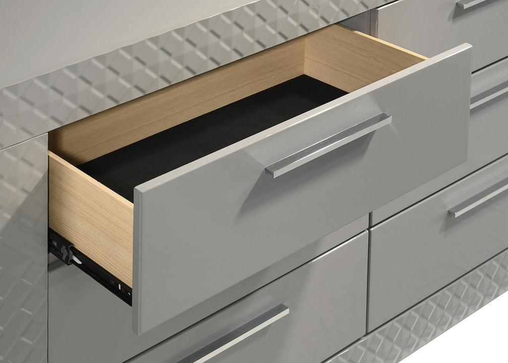 Coaster Home Furnishings - Ives - Wood - 6-Drawer Dresser with Contemporary Style, Tile Emboss, Felt-Lined Top, Metal Handles, Metal Extension Glides - Bedroom - Grey High Gloss - 224973
