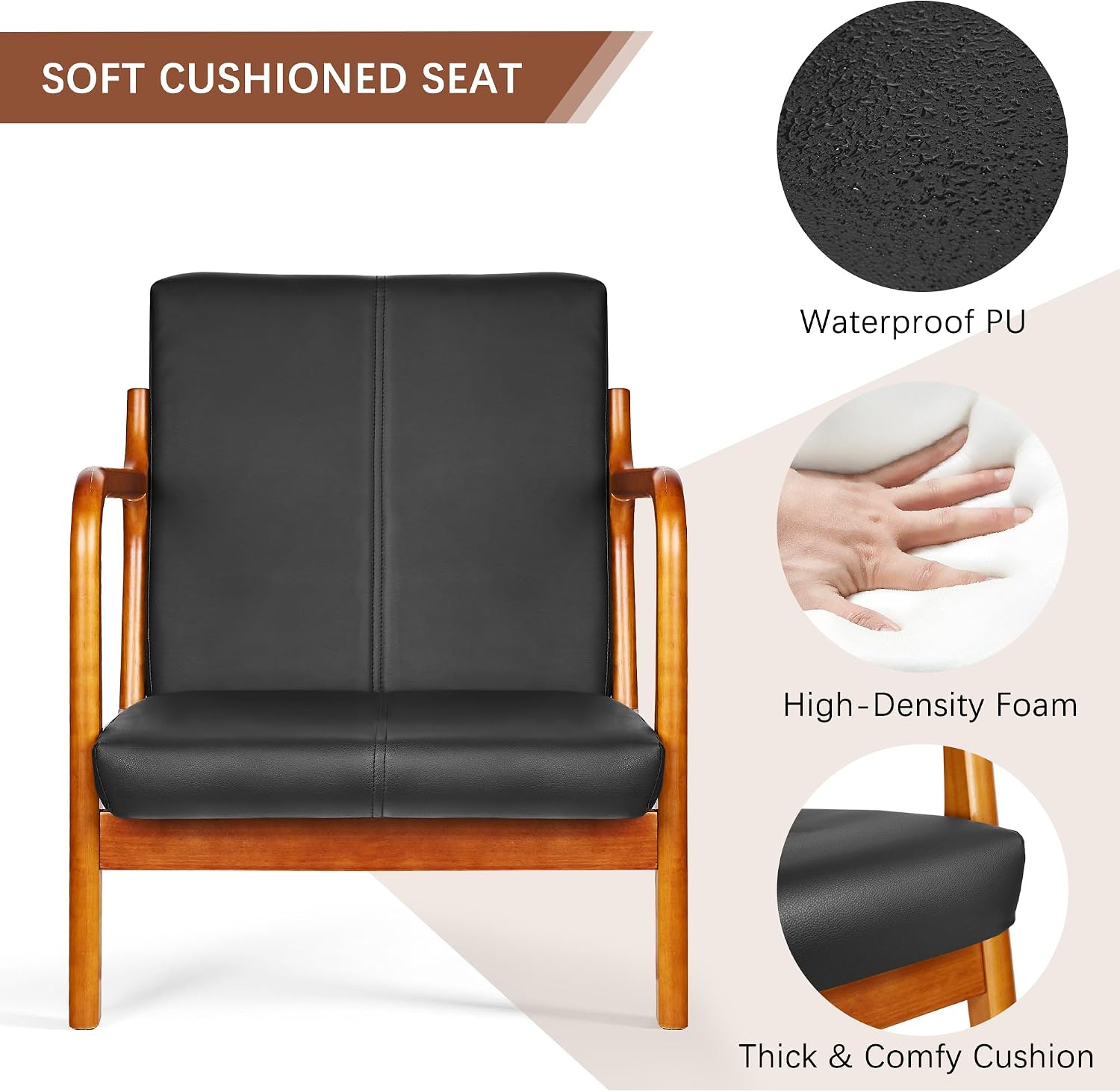 VECELO Mid-Century Modern Accent Chair with Faux Leather Cushion & Solid Wood Frame, Lounge Armchair for Living Room, Bedroom, Office, Black