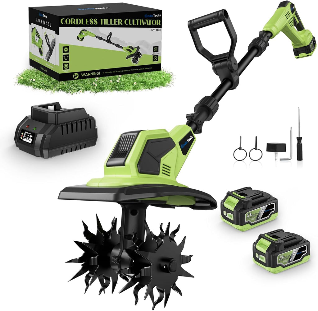 Cordless Tiller Cultivator - 21V 360RPM Electric Garden Tiller with 2 * 4.0Ah Batteries & Fast Charger, 9In Tilling Width and 6.7In Depth, Tiller for Gardening, Lawn, Soil