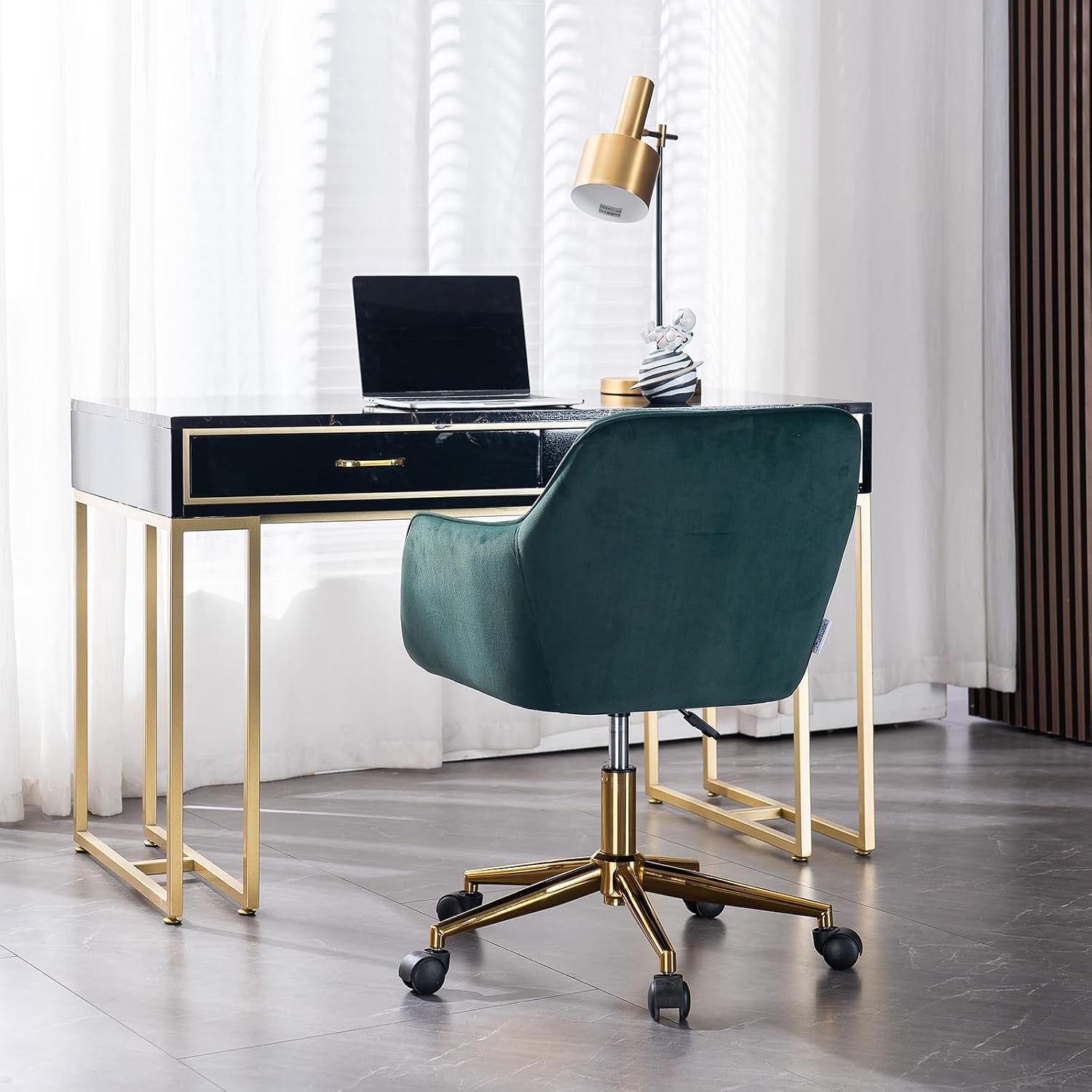 6955624348851 Modern Velvet, Height Adjustable, 360° Swivel Office Chair, Upholstered Cosmetic Dresser Armchair with Metal Feet and Backrest, Bedroom Furniture Dark Green