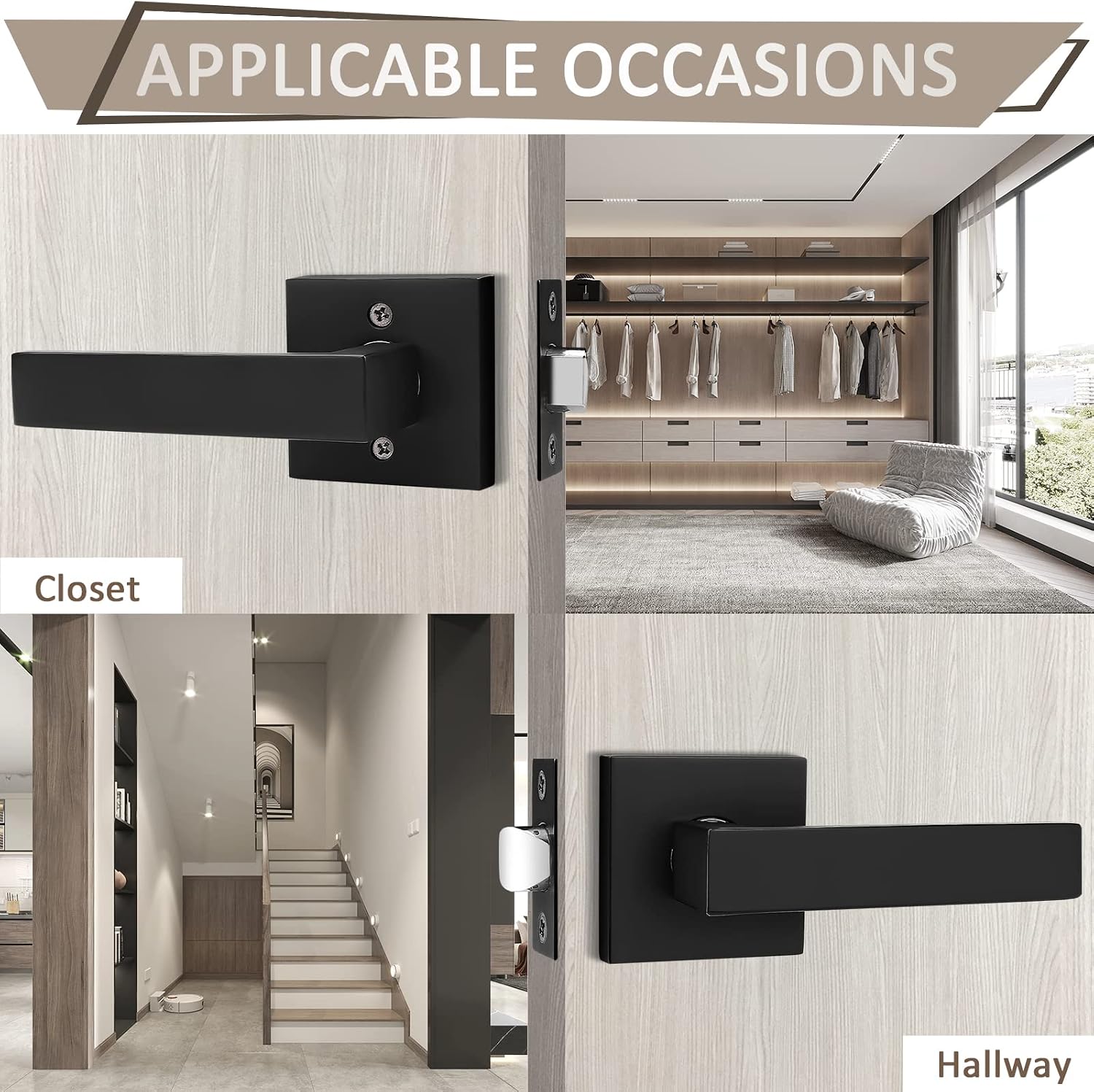 Probrico 8 Pack Black Passage Door Levers Square Lever Non-Locking Lever Set Interior Keyless Door Handles Door Lock Doorknobs for Hallway Closet